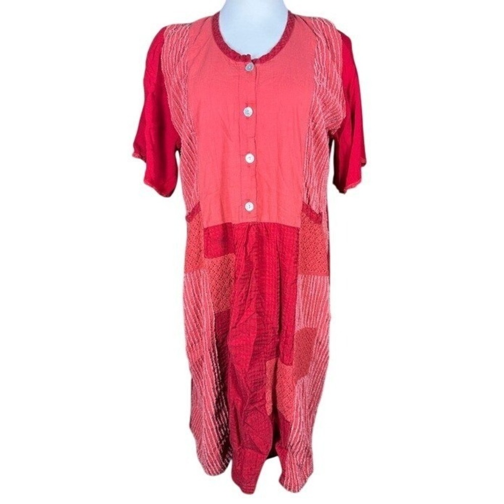Kathy Kohberger Red Patchwork Artisan Dress Womens Medium Rayon Cotton Crochet